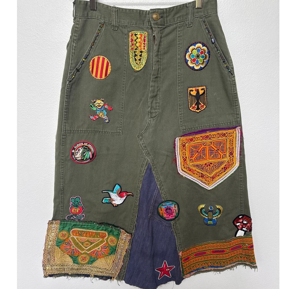 Linne by Gunda Japanese Denim Army Green Midi Skirt Embellished Mickey Women 30"